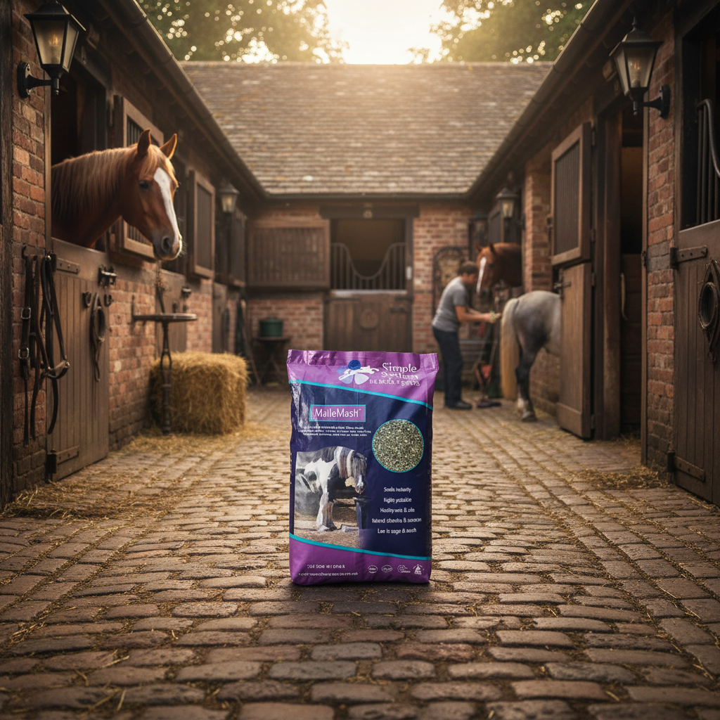 Bag of horse feed on a brick floor with horses and a stable in the background