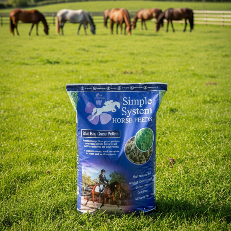 Bag of Simple System Horse Feeds on a grassy field with horses in the background