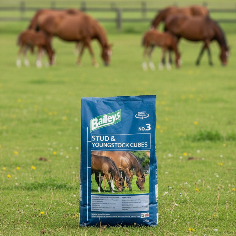 Bag of Baileys Stud & Youngstock Cubes with images of horses on a blue background