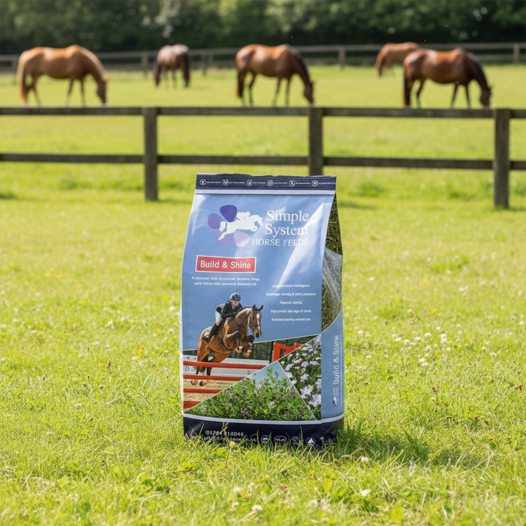 Bag of Simple System Horse Feed on grass with horses in the background