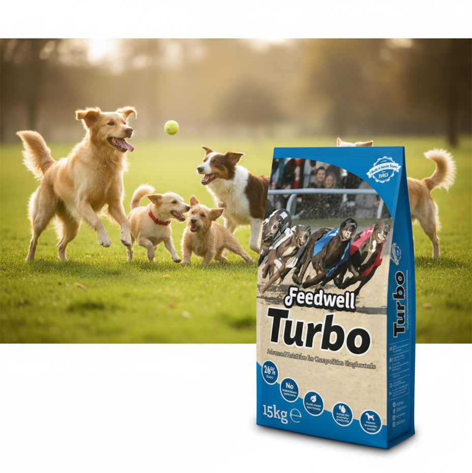 Package of Feedwell Turbo dog food with dogs playing in the background