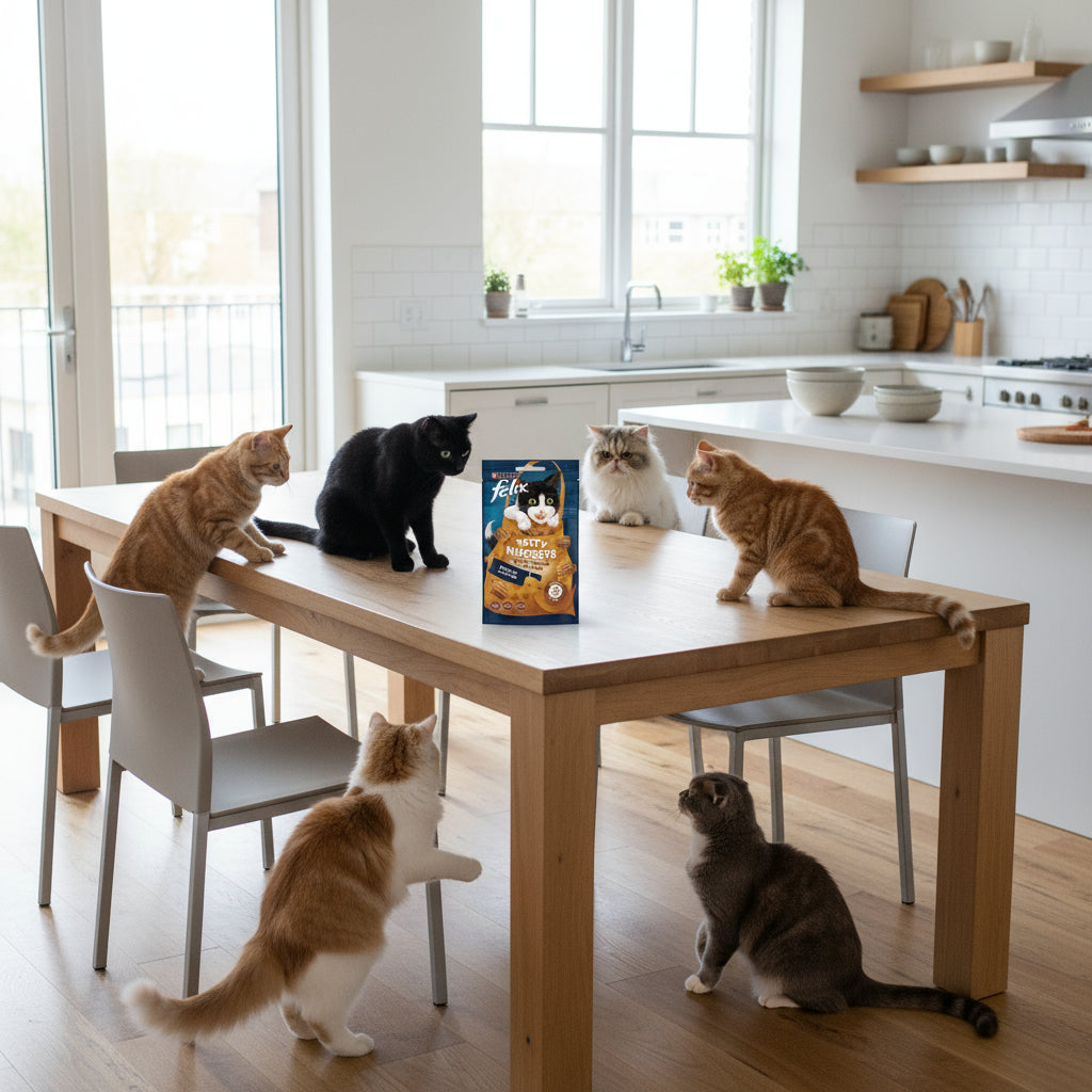 Felix cat treat package with a cat illustration on a blue background