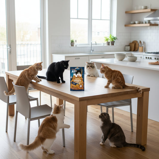 Felix cat treat package with a cat illustration on a blue background